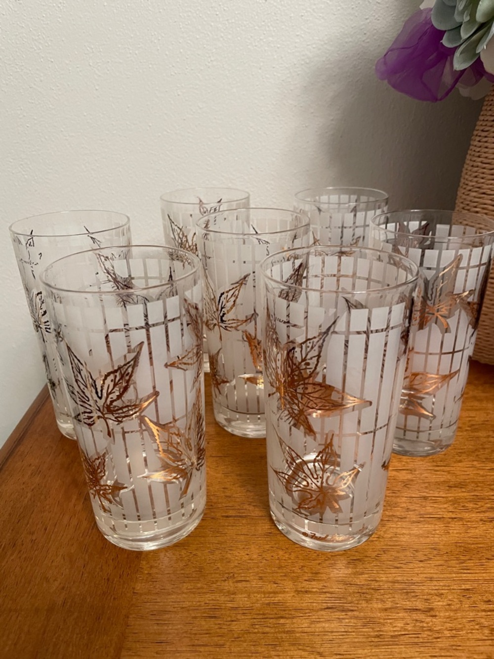 MCM Vintage FRED PRESS Barware Beverage Glasses FROSTED Gold Leaf Set of 7 Retro